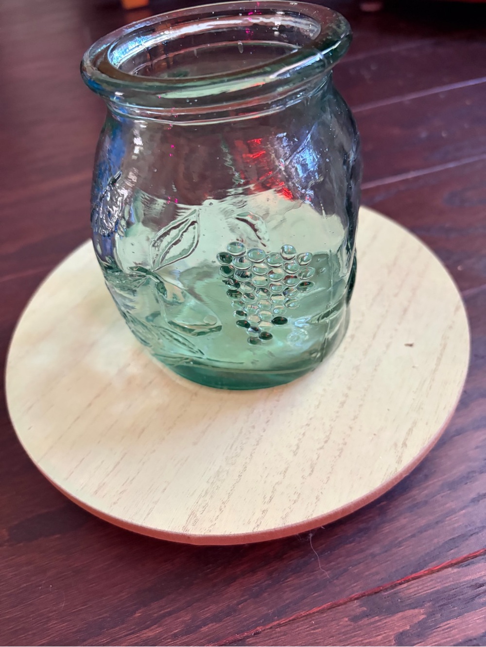 Embossed Green Glass Jar Vase with fruit Motif